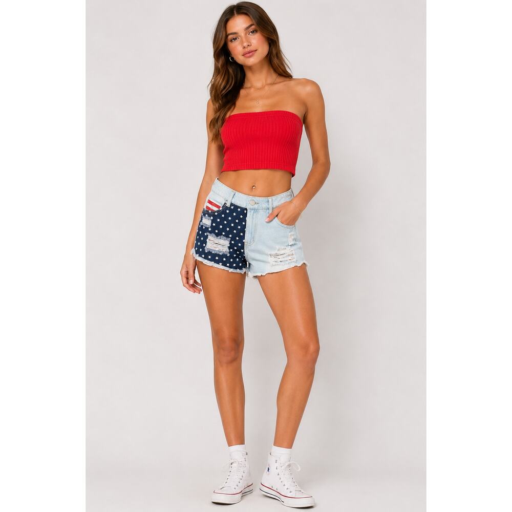 Refuge American Flag Distressed High Rise Denim Shorts Size 4 USA Stars Stripes